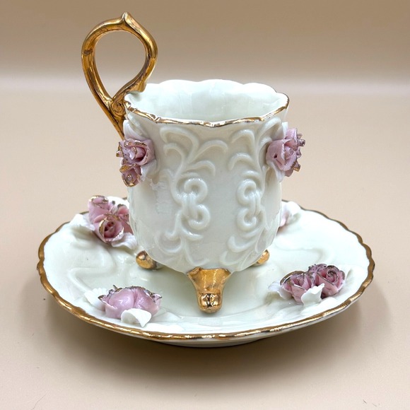 Victorian Porcelain Teacup and Saucer with Delicate Pink Flowers and Gold Trim - Picture 2 of 6